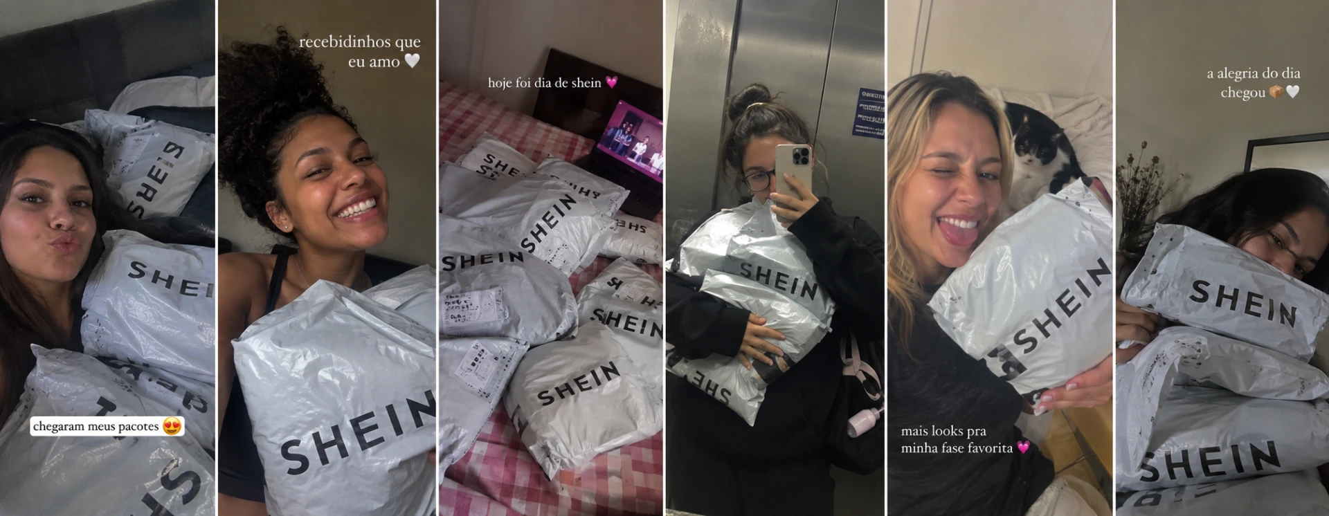 Clientes comemorando seus pacotes recebidos da SHEIN